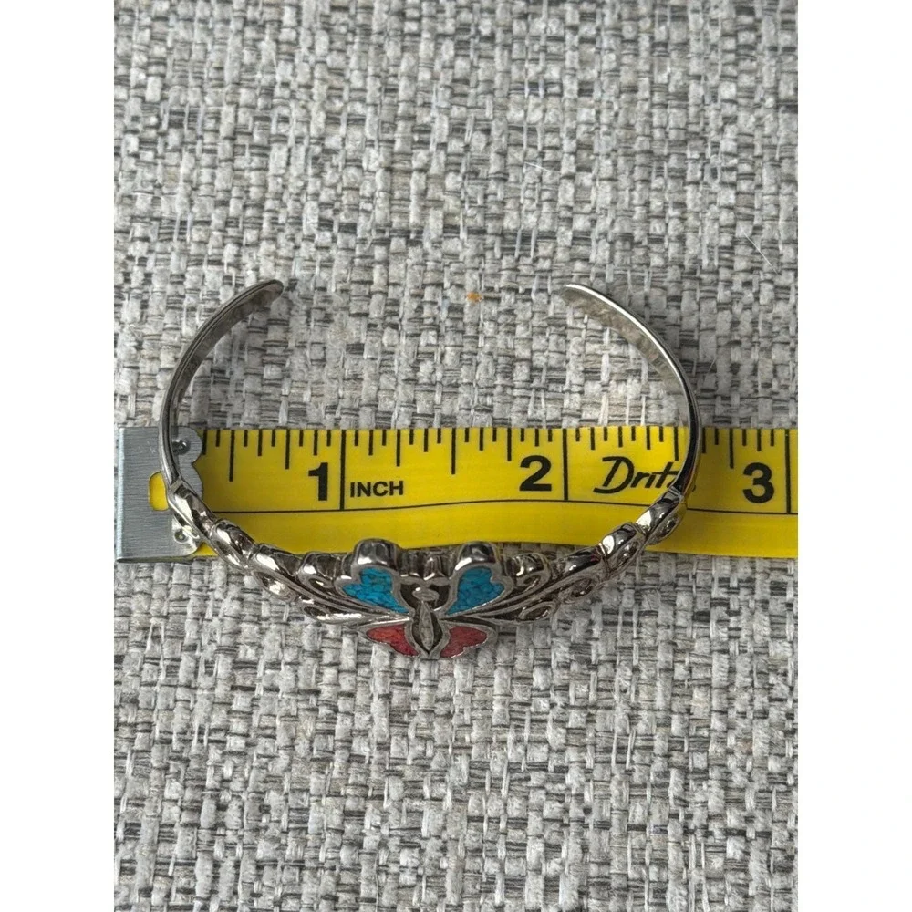 Vintage Butterfly Inlay Cuff Bracelet Turquoise Coral Filigree Boho